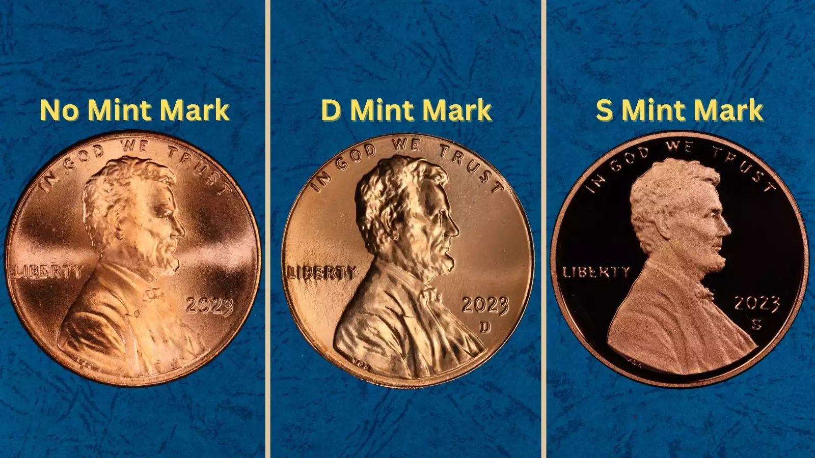 Group of 2023 Lincoln Shield cents showing various mint marks and conditions